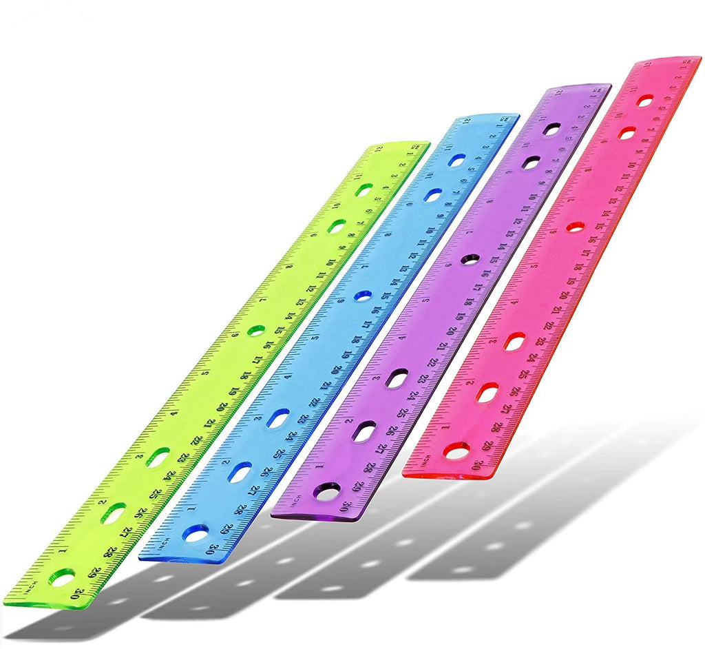  [AUSTRALIA] - Emraw Transparent Assorted Color Ruler with Inches and Metric 12 Inches Flexible Measuring Resistant Plastic Rulers for School Classroom Home & Office (Pack of 4)