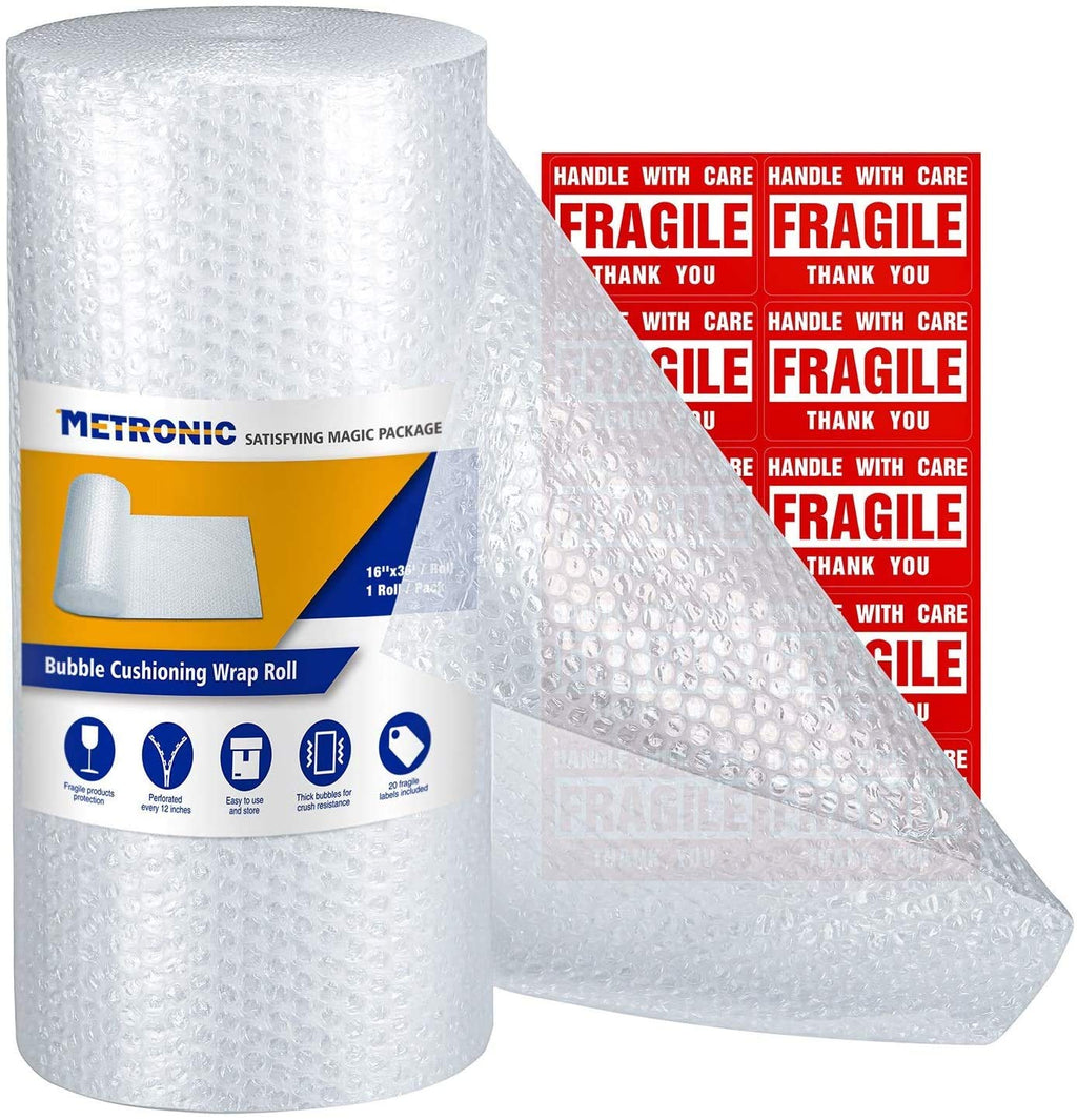  [AUSTRALIA] - Metronic Bubble Cushioning Wrap Roll 12x26 FT Bubble Roll- Perforated 12×12", 1 Roll Air Bubble Cushioning Roll, 20 Fragile Sticker Labels,Moving Supplies Cushioning Wrap for Packing Shipping Boxes Clear 12"x36Ft