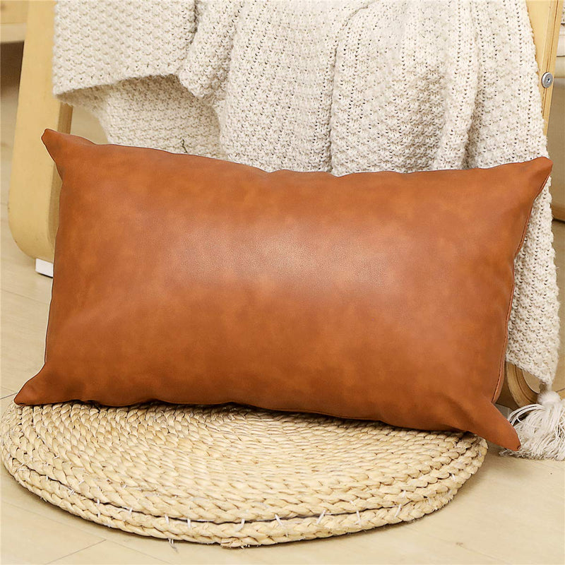  [AUSTRALIA] - SEEKSEE Faux Leather Lumbar Pillow Cover 12x20 inch, Modern Country Style Decorative Lumbar Pillow for Bedroom Living Room Sofa Brown Accent Pillows. Full Leather 12x20 1PC
