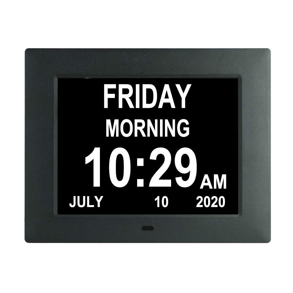  [AUSTRALIA] - 7 inch Digital Calendar Alarm Day Clock with 8 Alarm Options,AM/PM Function, Extra Large Non-Abbreviated Day&Month for Impaired Vision Aged Seniors,Dementia,Elderly, Memory Loss 7"-Black