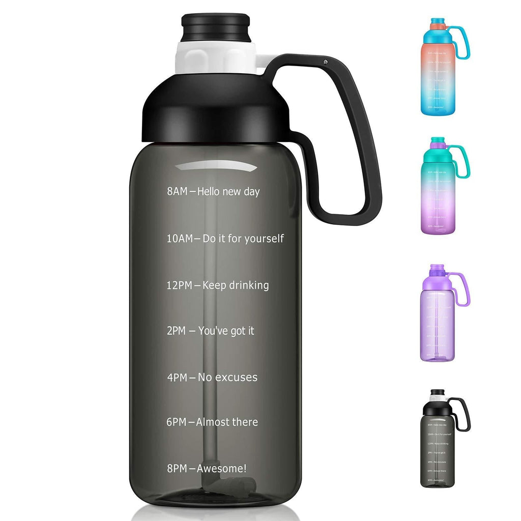  [AUSTRALIA] - Podocarpus Half Gallon Motivational Water Bottle with Straw and Time Marker, 64oz Wide Mouth Sports Water Bottle with Handle, Leakproof Tritan BPA Free Water Jug for Gym, Camping and Outdoor Sports black