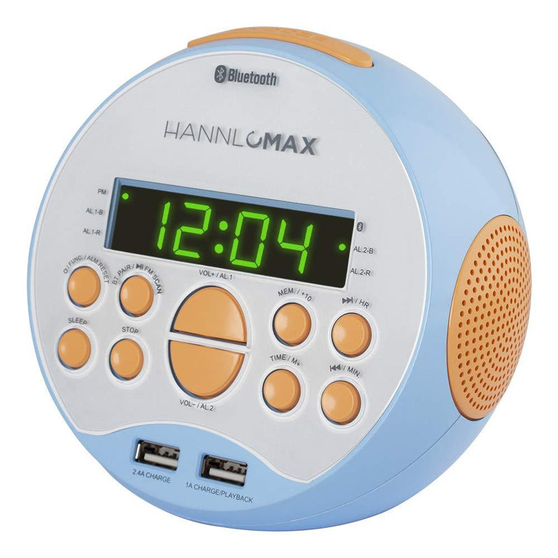 HANNLOMAX HX-129CR Alarm Clock Radio. PLL FM Radio, 0.6" Green LED Display, Bluetooth, USB Ports for 2.4A & 1A Charging/MP3 Playback (Blue) - LeoForward Australia