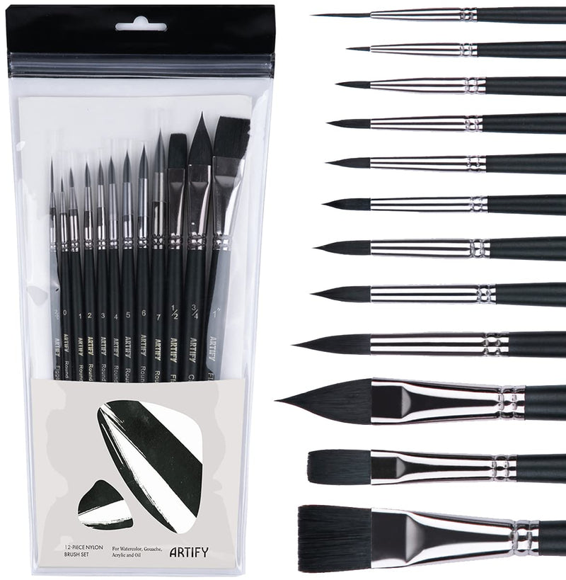  [AUSTRALIA] - ARTIFY 12 PCS Snap Watercolor Paint Brushes, Synthetic Squirrel Brushes for Watercolor, Acrylic & Oil, Includes Round, Flat, Cat's Tongue Black