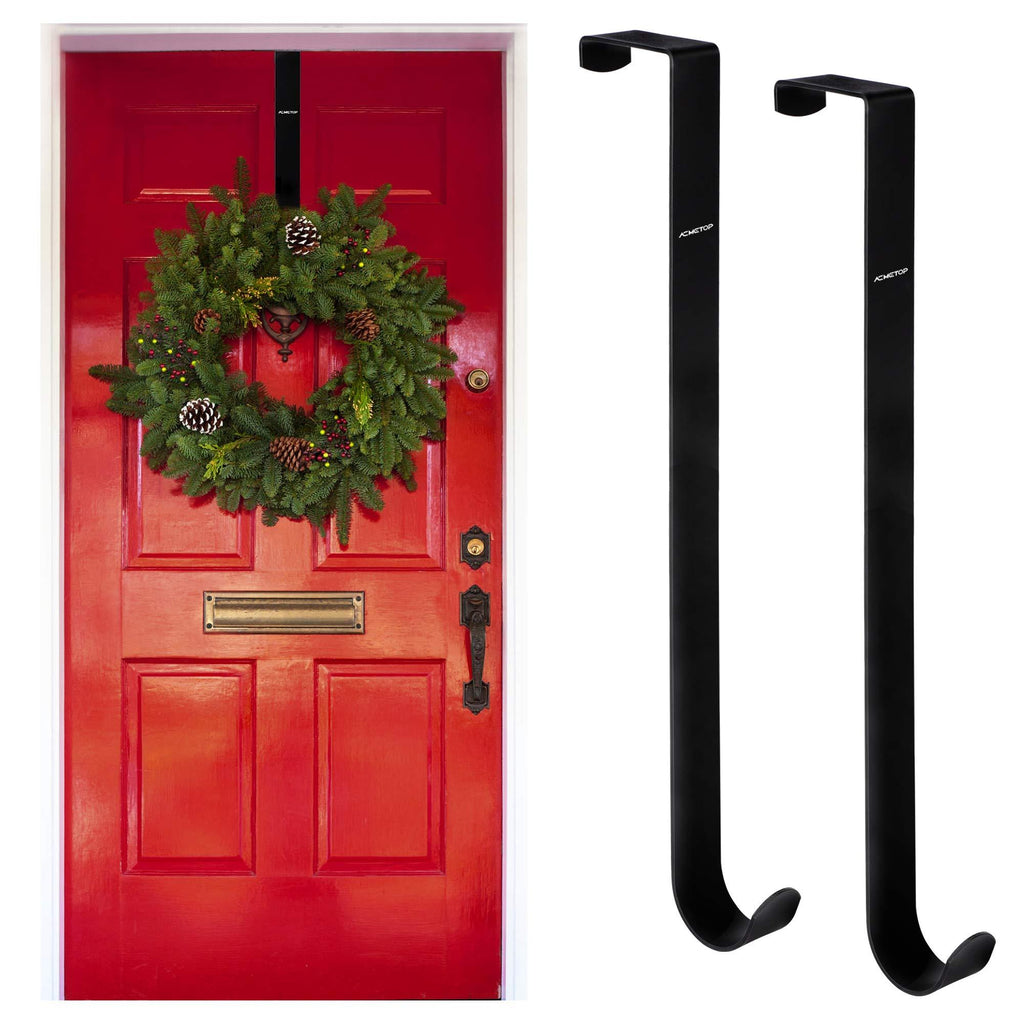  [AUSTRALIA] - ACMETOP 15” Wreath Door Hanger, Heavy Duty Wreath Hanger for Front Door, Metal Wreath Hook Holder Over The Door Hanger for New Year Christmas Decorations, Clothes, Hats, Towels, Bags (2 Pack, Black) Black-2 Pack