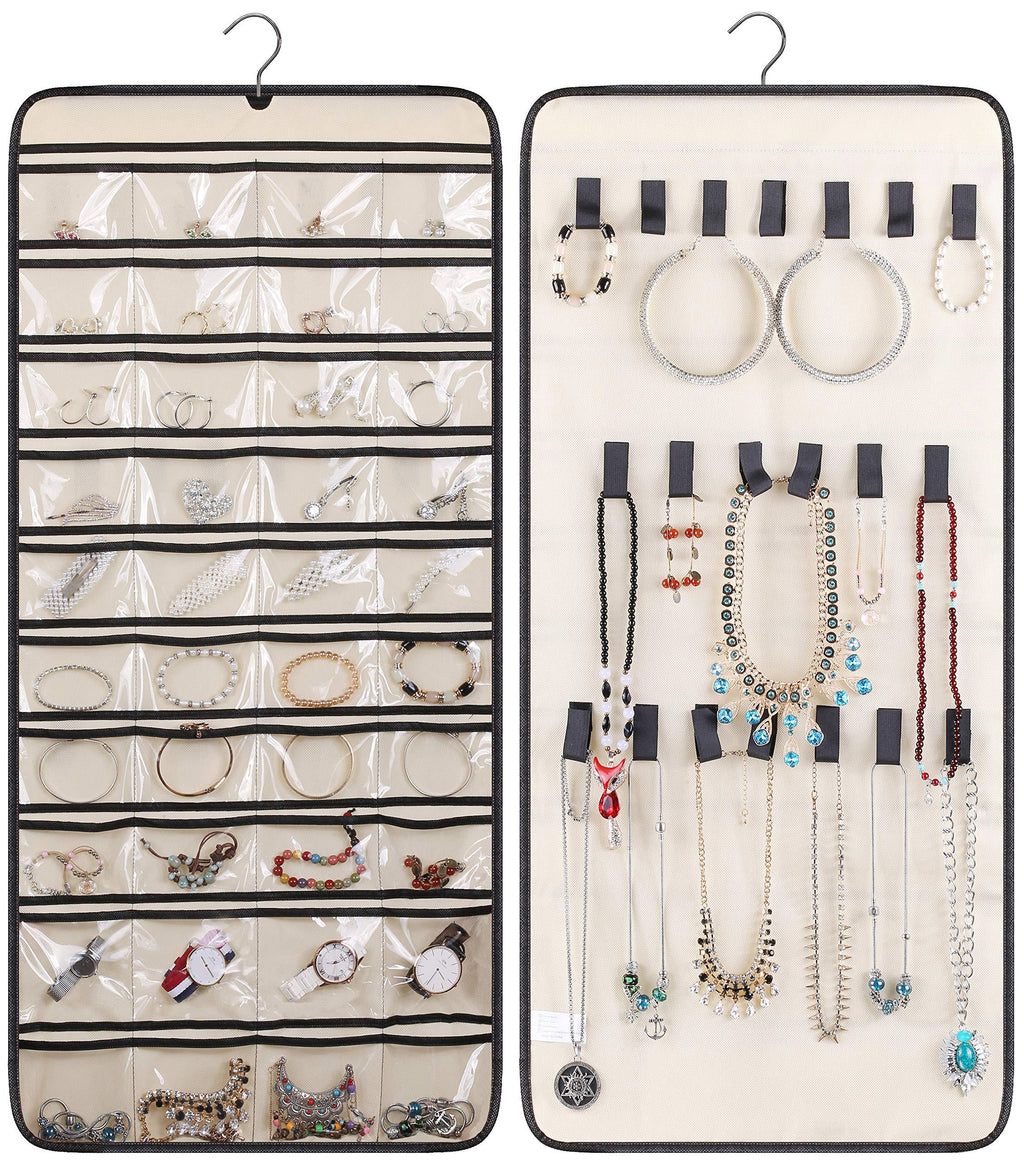  [AUSTRALIA] - MISSLO Dual-sided Hanging Jewelry Organizer with 40 Pockets and 20 Hook & Loops Closet Necklace Holder for Earring Bracelet Ring Chain with Rotating Hanger, Beige