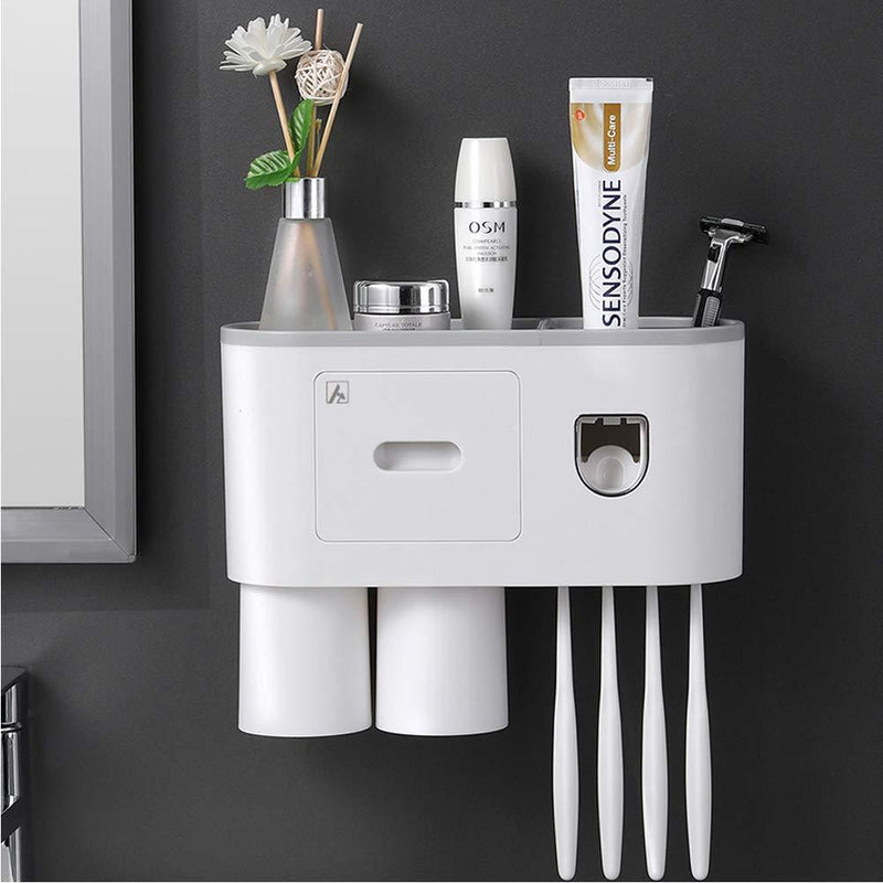  [AUSTRALIA] - Aeakey Toothbrush Holder with Toothbrush Dispenser-Multifunctional Wall Mounted Space-Saving Toothpaste Squeezer Kit, 4 Toothbrush Slots,2 Cups and Drawers Cosmetic Organizer for Bathroom and Washroom Gray