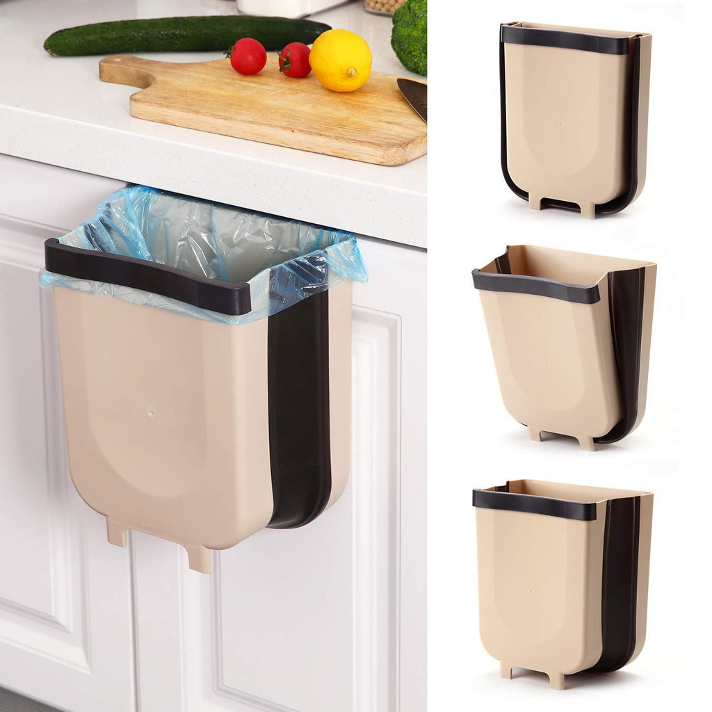  [AUSTRALIA] - SheMarie Hanging Collapsible Trash Can - 9L Wall Mounted Foldable Waste Bin for Kitchen Cabinet Door - Quickly Clean Counter, Sink, Bathroom - RV, Car, Camping Folding Garbage Basket (Brown) Brown