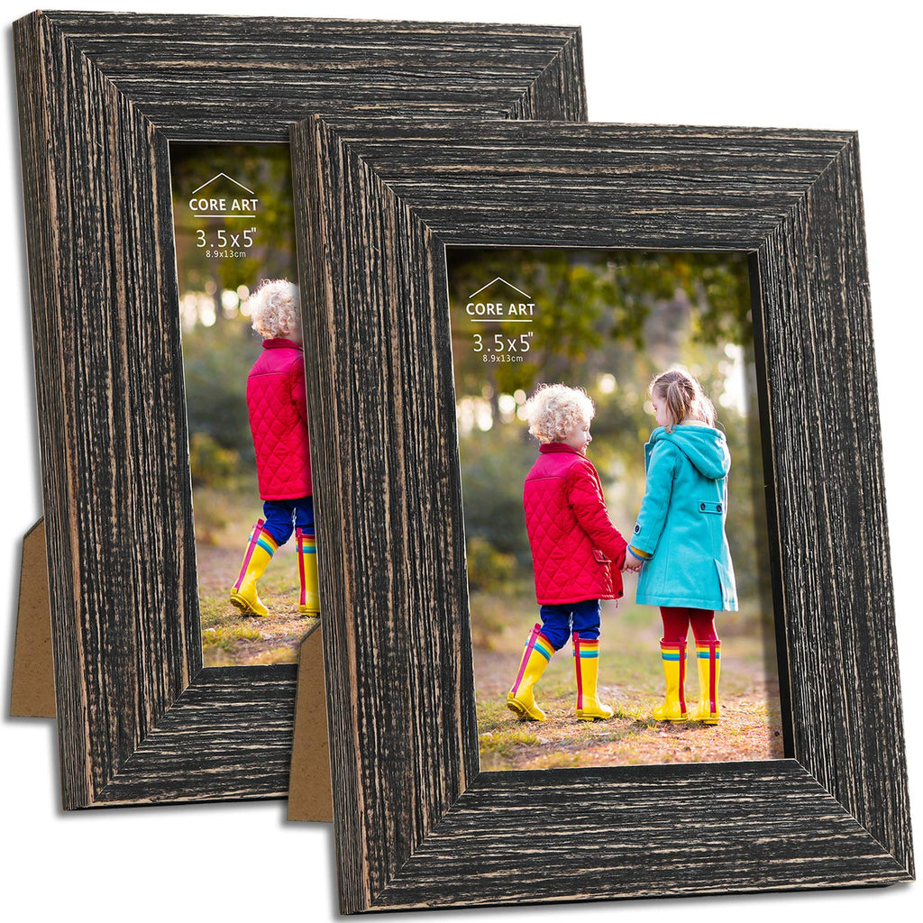  [AUSTRALIA] - 3.5x5 Picture Frames, Black Photo Frame of Rustic Style, Solid Wood Frame Moulding, Semi-tempered Glass Panel, Farmhouse Frames Set of 2, Wall Mounted or Tabletop Display, Designed by CORE ART 3.5x5