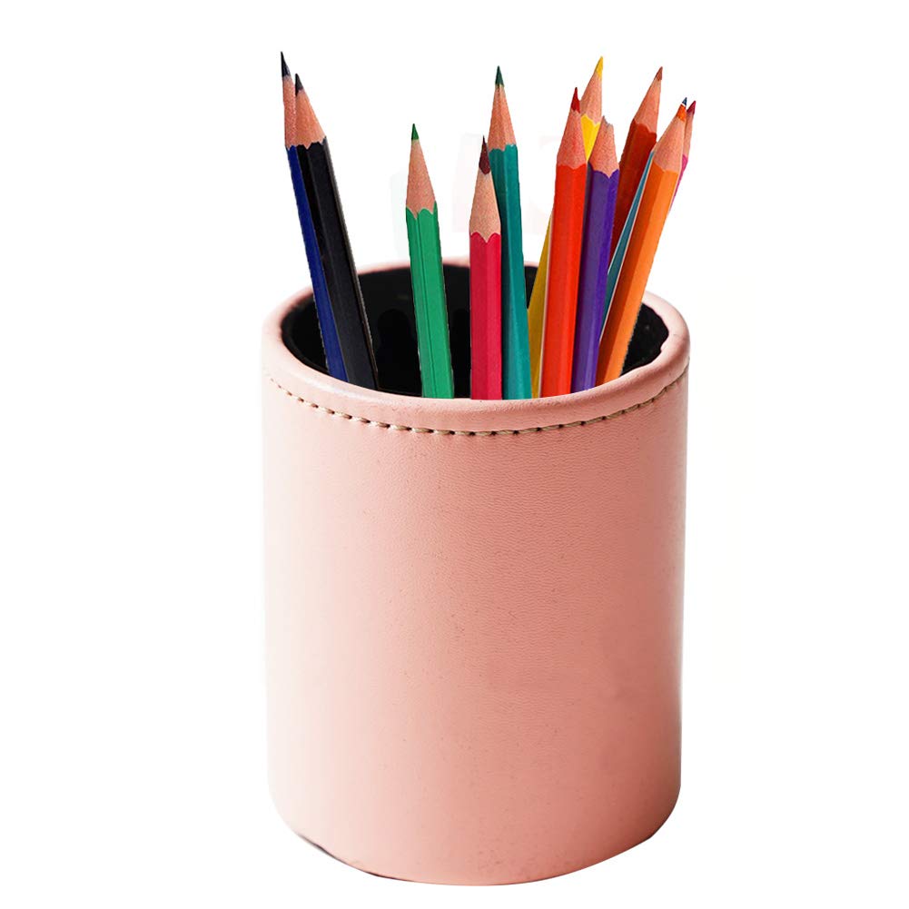  [AUSTRALIA] - LIZIMANDU Leather Office Pencils Holder,Round Pen Cup Remote Desk Accessories Organizer Desktop Stationery Container Box for Home Office Bedroom(1 Pack,1-Pink) 1-pink 1 Pack