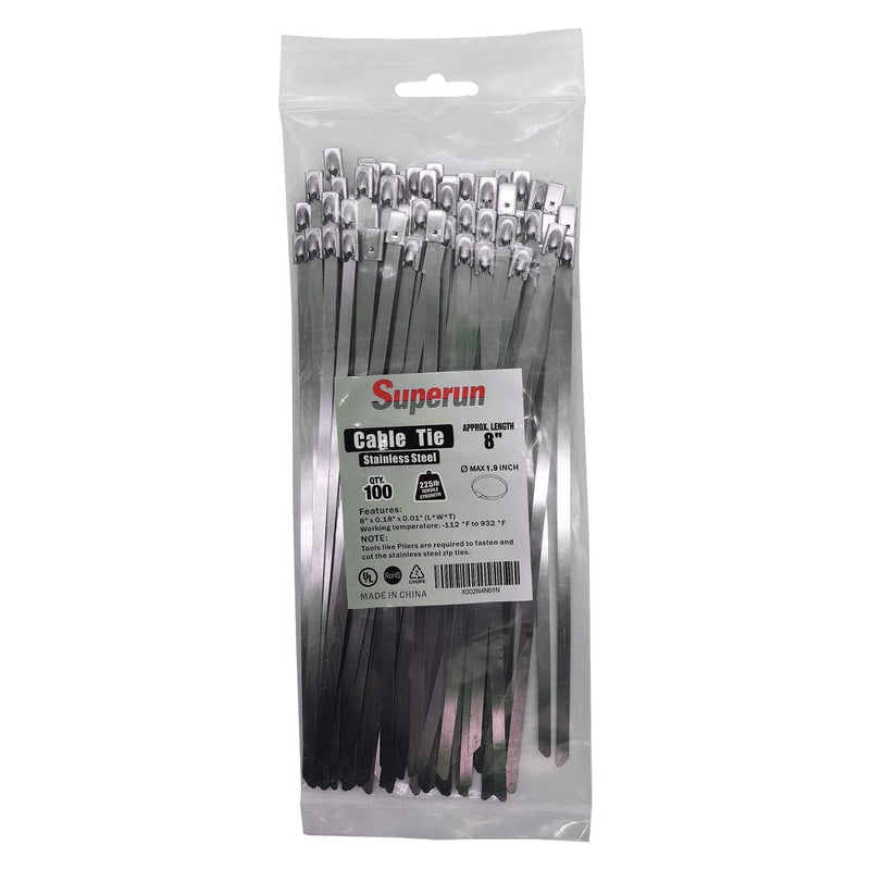  [AUSTRALIA] - Superun Metal Zip Ties 8 Inch Stainless Steel Tie Wrap 225 LBS Strength Heavy Duty Exhaust Wrap Pack of 100