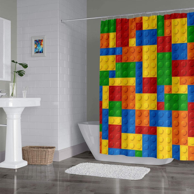  [AUSTRALIA] - Colorful Kids Shower Curtains,Funny Lego Fabric Bathroom Shower Curtain with 12 Hooks 71(W) x 83(L)
