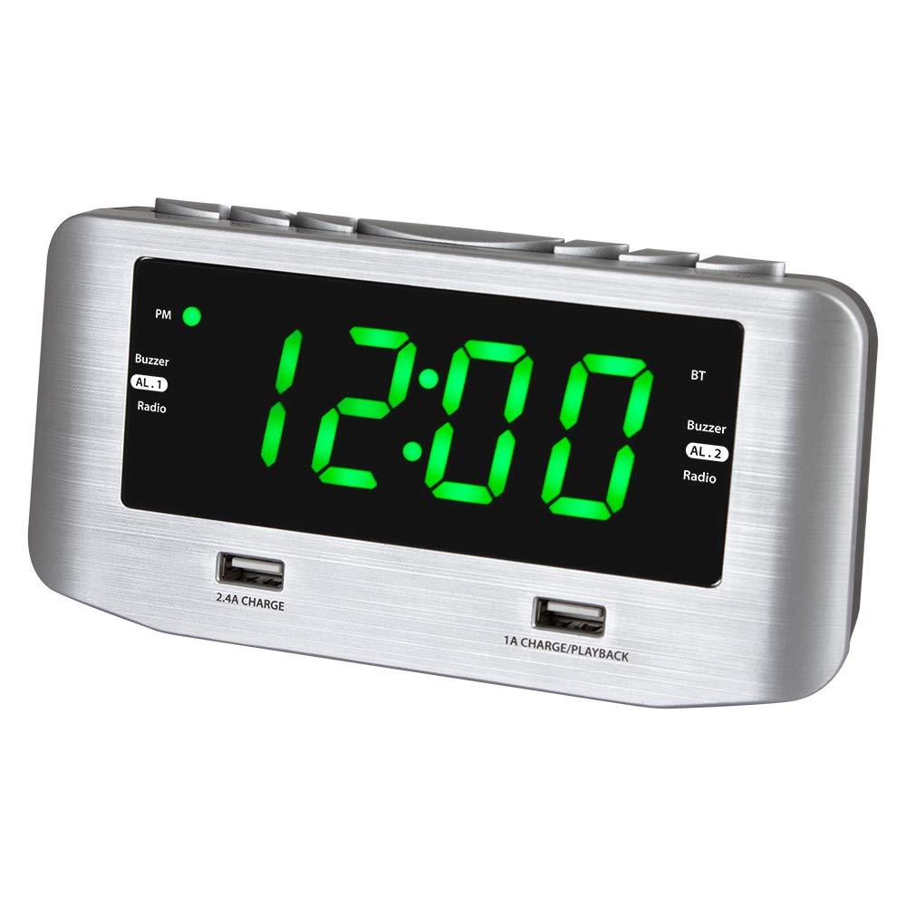 HANNLOMAX HX-146CR Alarm Clock Radio, PLL FM Radio, Dual Alarm, 1.2" Green LED Display, Bluetooth, USB Ports for Charging and MP3 Playback (Silver) - LeoForward Australia