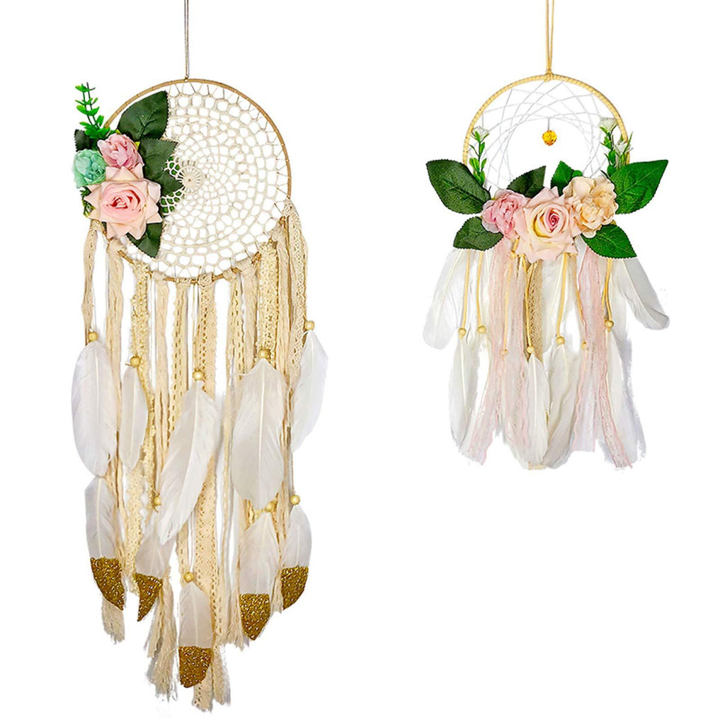  [AUSTRALIA] - Rozwkeo 2 Pcs Boho Dream Catchers with White Gold Feather Handmade Dreamcatchers Flowers Macrame Dream Catcher Wall Hanging Decoration Party Baby Shower Girls Nursery Room Wedding Decoration Ornament