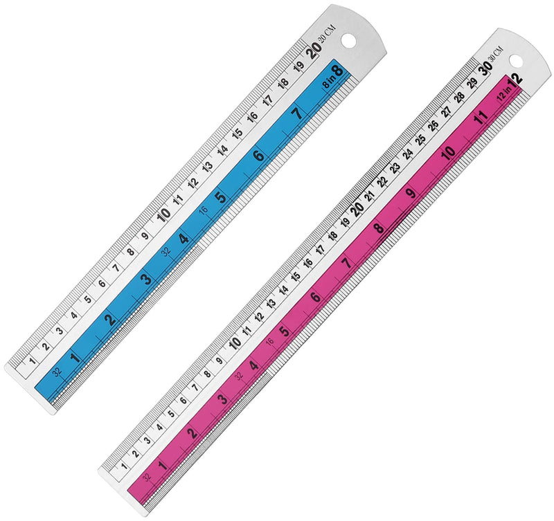  [AUSTRALIA] - 2 Pack Stainless Steel Ruler Metal Straight Edge Ruler, 2 Colors Pink (30cm/11.8inch) + Blue (20cm/7.8inch) for Engineering, School, Office, Architect, and Drawing
