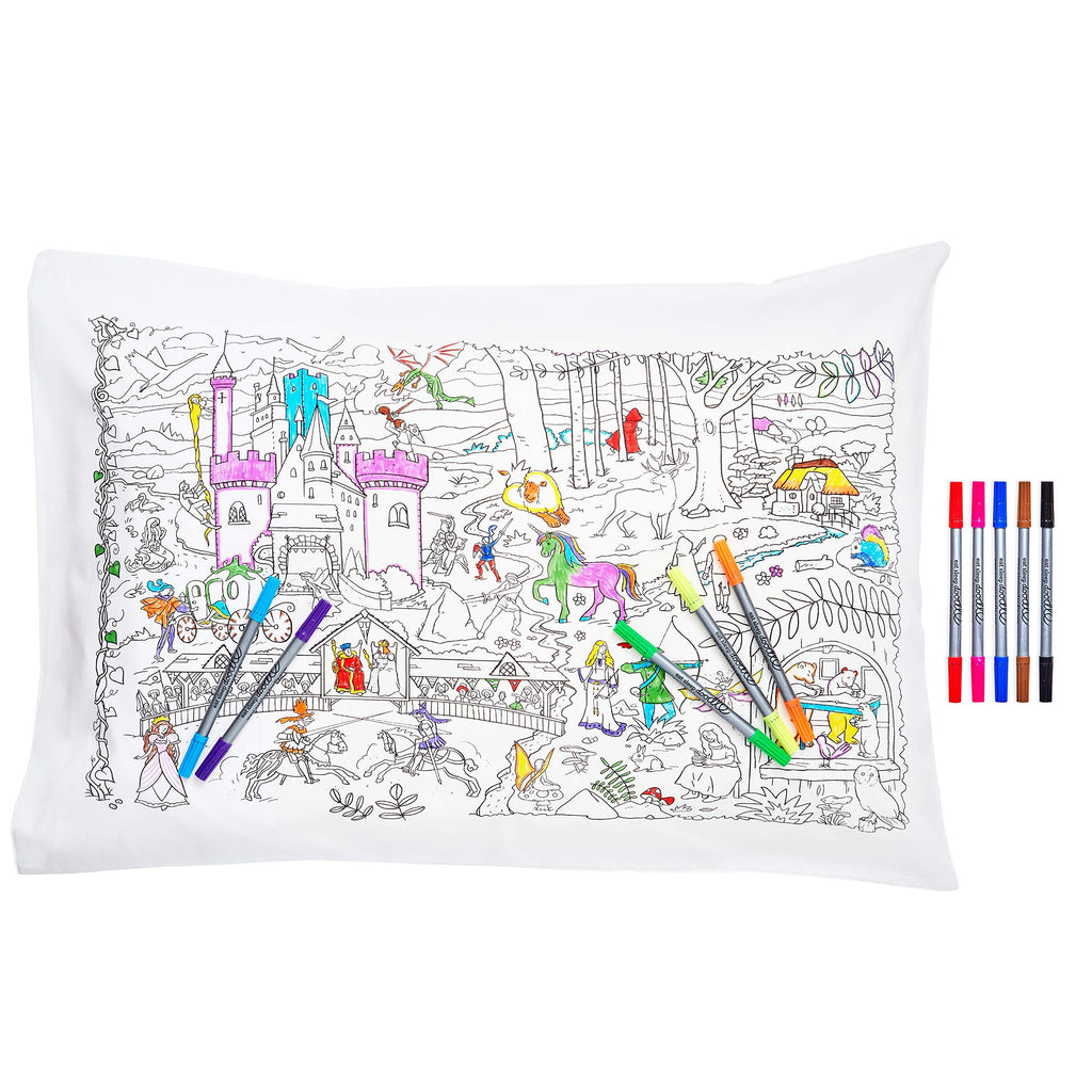  [AUSTRALIA] - eatsleepdoodle Fairytales & Legends Educational Pure Cotton Soft Pillowcase - Color Your Own Pillow Case with Unicorns, Dragons, Princesses and More to Personalize, Washable Fabric Markers Included