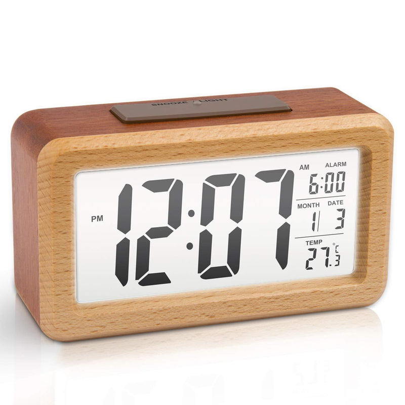  [AUSTRALIA] - OURISE Wooden Large LED Digital Alarm Clock, Smart Sensor Night Light with Snooze, Date, Temperature, 12/24Hr Switchable,Easy to Use,Solid Wood Shell, for Bedrooms and Travel,Battery Operated(Brown) Brown