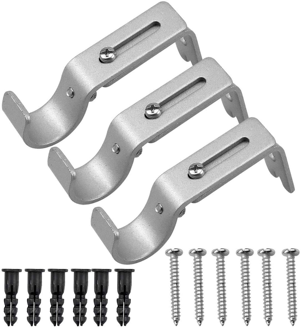  [AUSTRALIA] - HQdeal Curtain Rod Brackets Set, 3Pcs Adjustable Heavy Duty Metal Curtain Pole Holder Bracket Holder Curtain Rod Support Wall Brackets Holder with Screw for Poles Wall Rod (Silver)