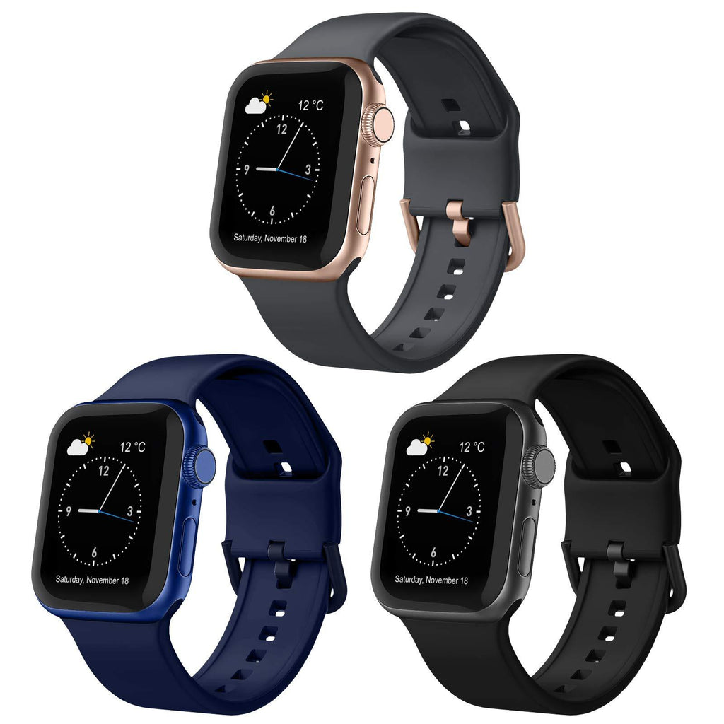 Adepoy 3 Pack Compatible with Apple Watch Bands 40mm 38mm, Soft Silicone Sport Wristbands Replacement Strap with Classic Clasp for iWatch Series SE 6 5 4 3 2 1 for Women Men, 38mm/40mm Black/Deep Grey/Midnight Blue - LeoForward Australia