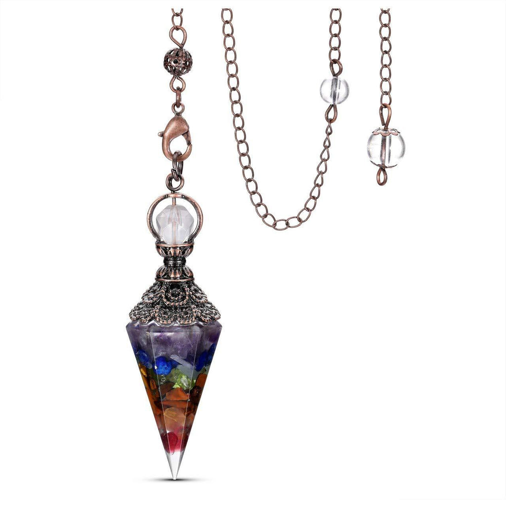  [AUSTRALIA] - Jovivi 7 Chakra Healing Crystal Pendulums for Dowsing Divination 6 Facted Hexagonal Pointed Cone Resin Chip Stones Reiki Wicca Spritual Gemstone Chakra Energy Pendant with Chain