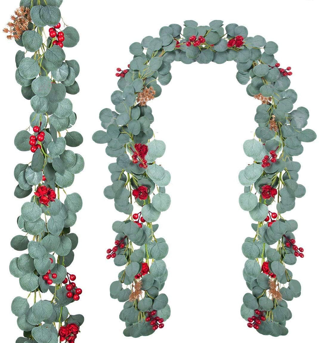  [AUSTRALIA] - Aekopwera 2 Packs Christmas Garland with Red Berries, 6 Feet Artificial Eucalyptus Garland with Pine Cones for Christmas New Year Party Home Decoration