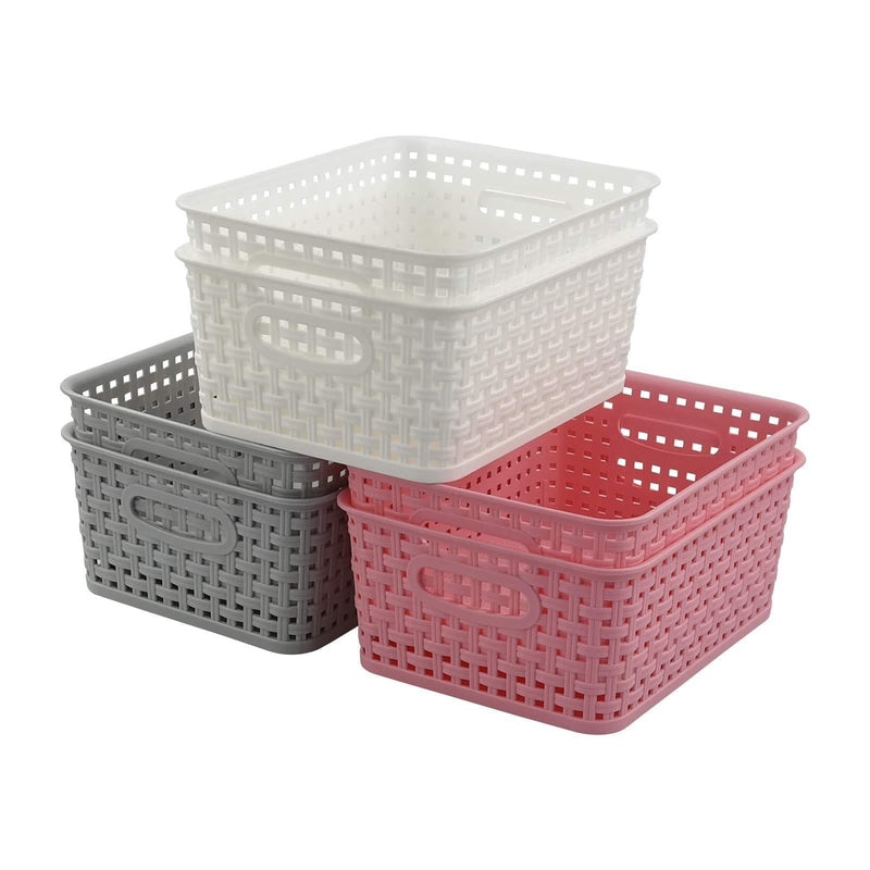  [AUSTRALIA] - Ortodayes 6 Pack Plastic Woven Storage Basket, Colored Organization Bin Grey White Pink