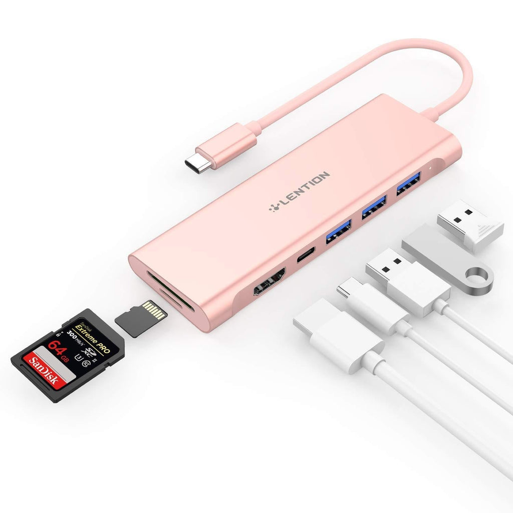  [AUSTRALIA] - LENTION USB C Multiport Hub with 4K HDMI, 3 USB 3.0, SD/Micro SD Card Reader, 100W PD Compatible 2021-2016 MacBook Pro, New Mac Air, Other Type C Devices, Stable Driver Adapter (CB-C36B, Rose Gold)