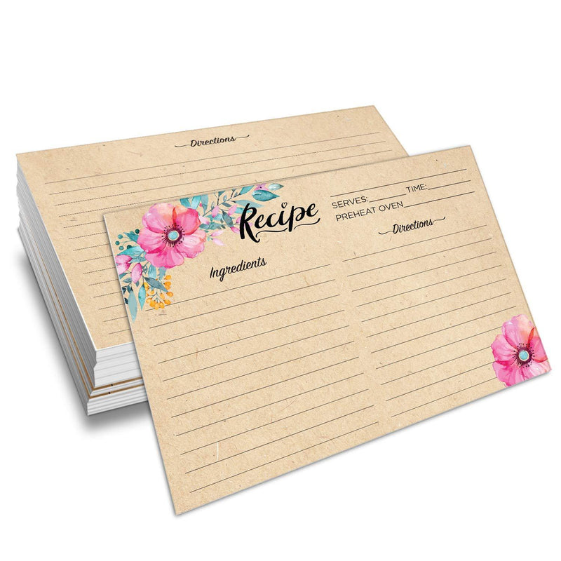  [AUSTRALIA] - Nuah Prints Double Sided Recipe Cards 4x6 Inch, Set of 50 Thick Cardstock Recipe Cards with Lines, Easy To Write On Smooth Surface, Line Printed, Large Writing Space (Floral Kraft Look) Floral Kraft Look