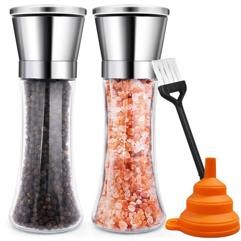  [AUSTRALIA] - Salt and Pepper Grinder (Set of 2), Adjustable Ceramic & Stainless Steel Mill Set, Glass Body Refillable Mill Shakers - Easy Clean Grinders with Silicon Funnel and Cleaning Brush