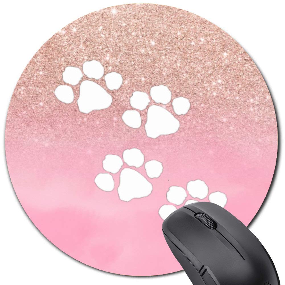  [AUSTRALIA] - Cute Funny Round Mouse Pad Rose Gold Pink White Animal Paw Print,Desk Accessory Mousepad for Computer