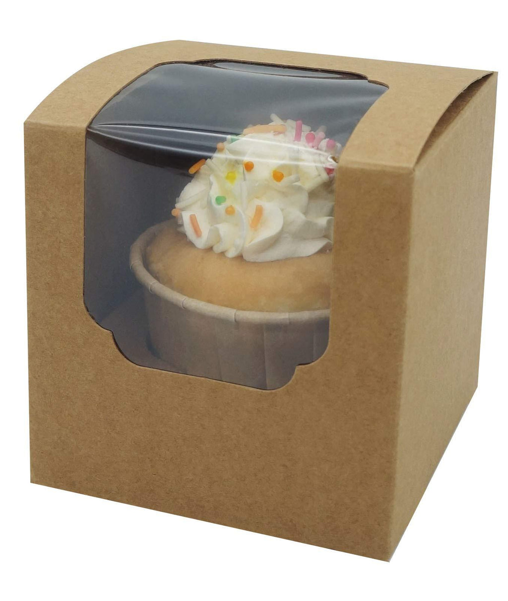  [AUSTRALIA] - SHALLIVE Kraft Paper Cupcake Boxes Individual 15 Pack with Window and Sturdy Insert, 3.4" x 3.4" x 3.4" Pre-Assembled for Easy Assembly Brown