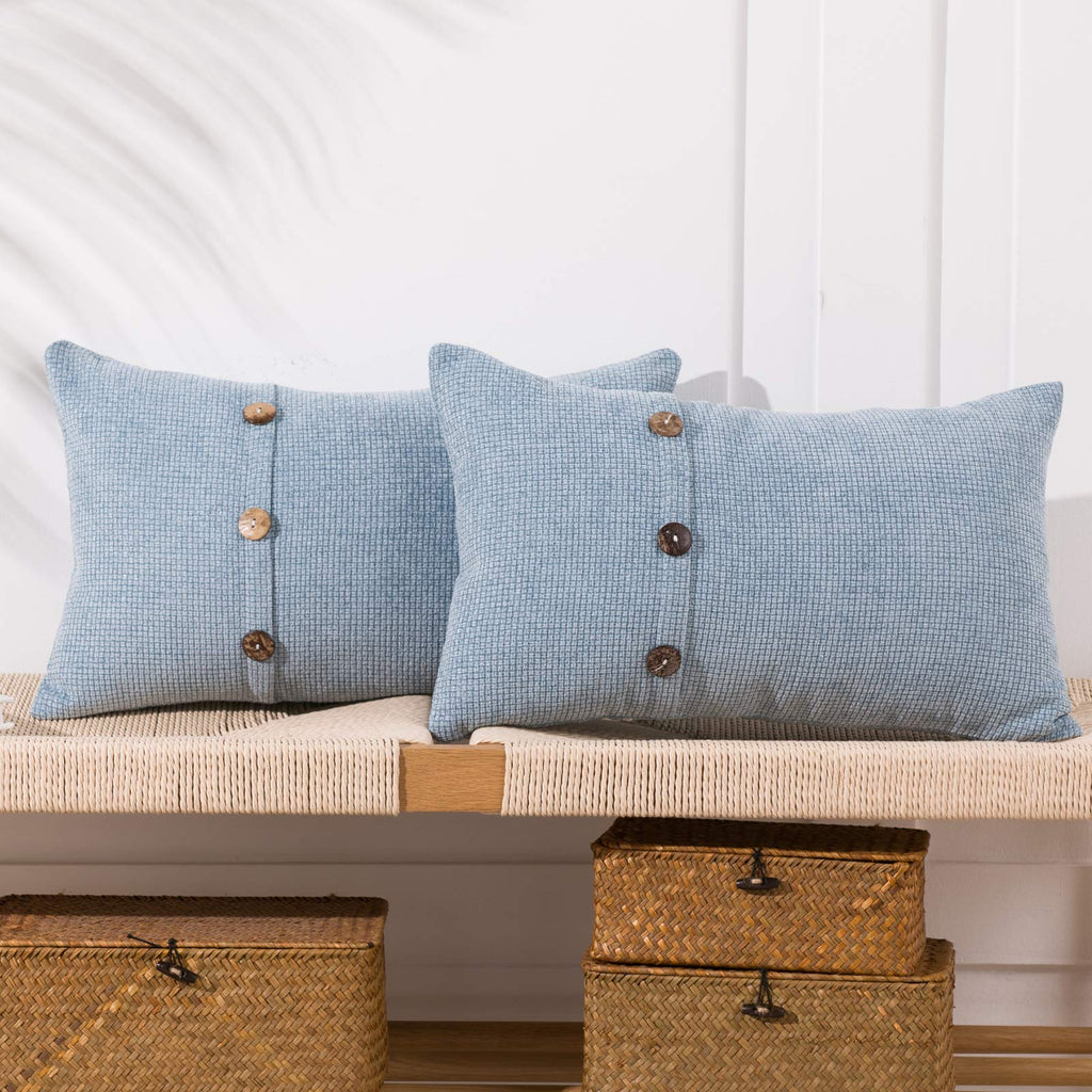  [AUSTRALIA] - Anickal Light Blue Lumbar Pillow Covers 12x20 Inch with Triple Buttons Set of 2 Chenille Rustic Farmhouse Decorative Throw Pillow Covers Lumbar Cushion Case for Home Sofa Couch Decoration 12"x20"
