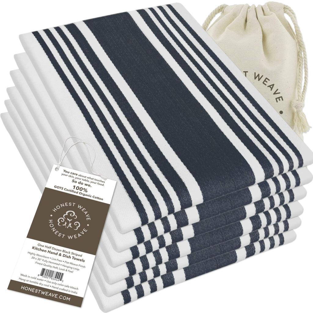  [AUSTRALIA] - HONEST WEAVE GOTS Certified Organic Cotton Kitchen Hand and Dish Towel Sets - Oversized 20x20 inches, Fully Hemmed, in Designer Colors, 6-Pack, Black Stripe