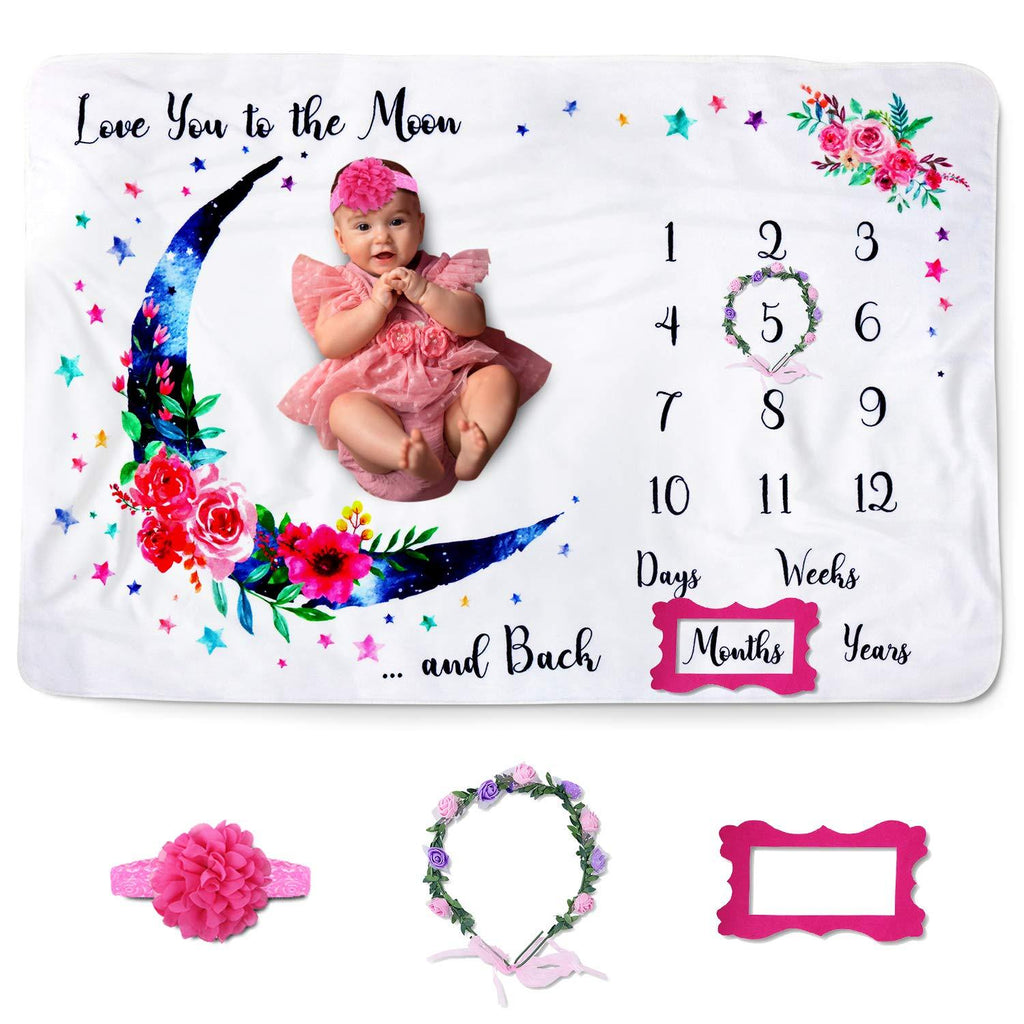  [AUSTRALIA] - Jamie&Jayden Baby Monthly Milestone Blanket for Baby Girl, Photo Blanket for Newborn and Baby Pictures. Includes Headband, Wreath and Frame 60”x40"