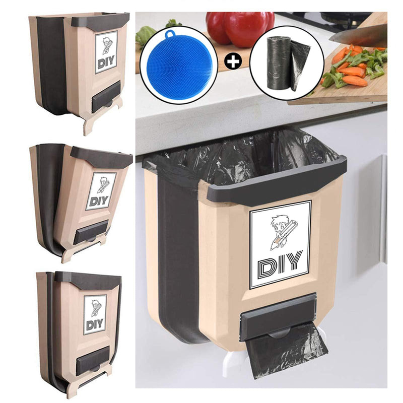  [AUSTRALIA] - XIJING Small Hanging Kitchen Trash Can, Portable Mini Garbage Can and Collapsible Compact Trash Bin for Kitchen Cabinet Door Drawers, Room, Car, Bedroom Plastic Waste Bin - 9L/2.4 Gallon (Coffee) Coffee
