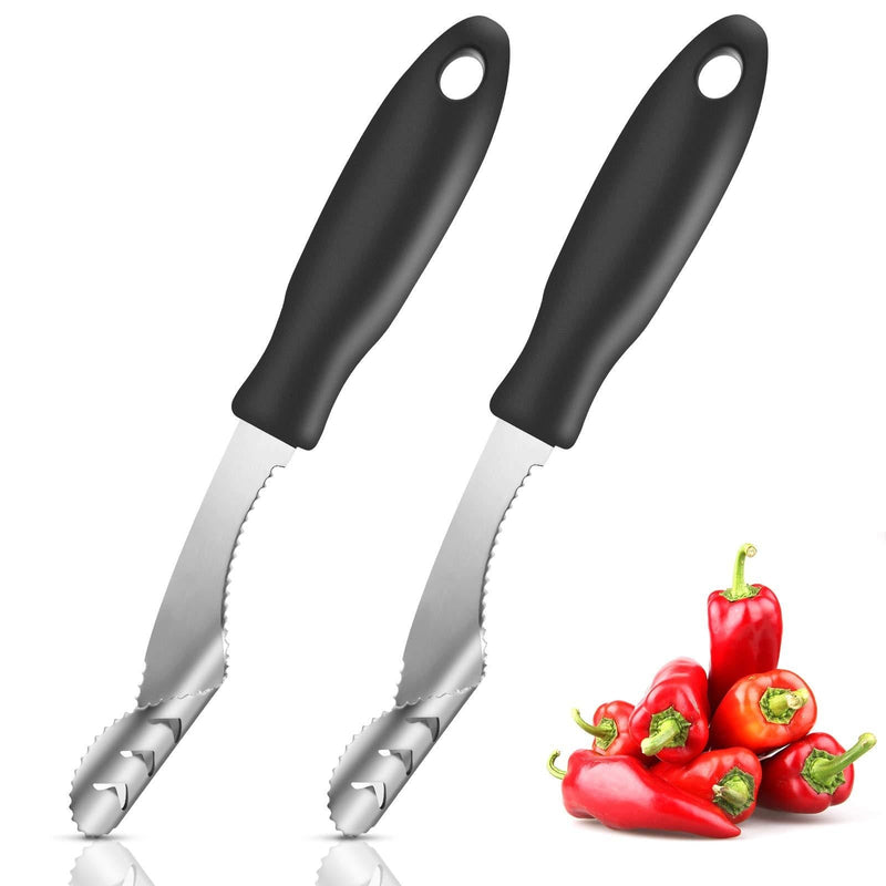  [AUSTRALIA] - 2 Pieces Jalapeno Pepper Corer Core Deseeder Stainless Steel Chili Corer Remover with Serrated Slice and Rubber Handle Seed Remover or Slice Off Vegetables Tops for Barbecue Roasting Peppers 2