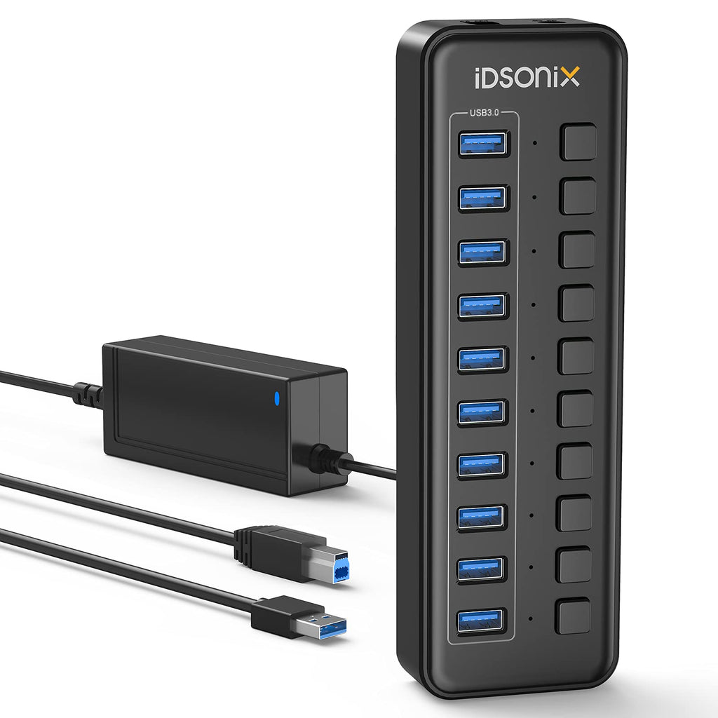 iDsonix USB 3.0 Hub, 10-Port 12V / 4A Powered USB Hub with Individual Switches 5Gbps High Speed Transfer BC1.2 (5V2.4A) Fast Charge USB Splitter for Laptop, PC, HDD, SSD and More -Black 10-PORT BLACK - LeoForward Australia
