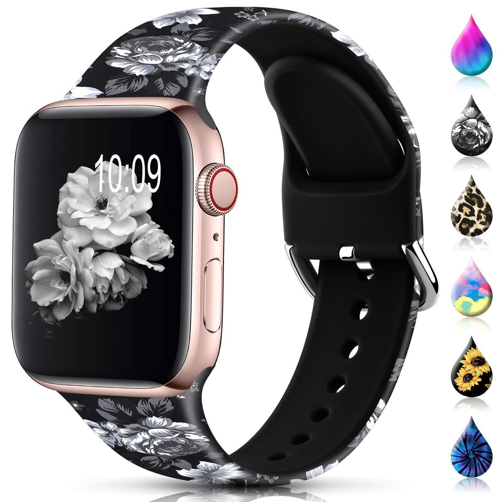  [AUSTRALIA] - Sport Band Compatible with Apple Watch Bands 38mm 40mm 41mm 42mm 44mm 45mm for Women Men,Floral Silicone Printed Fadeless Pattern Strap Band for iWatch Series 3, Series 5,Series 6,Series 4,Series 7 Black Flower 38/40/41mm S/M