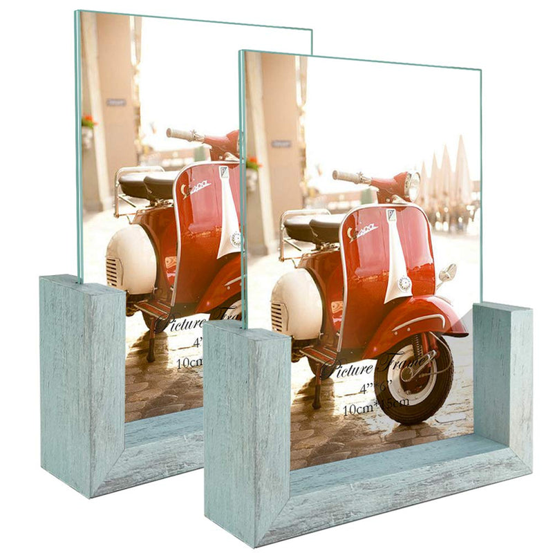  [AUSTRALIA] - HORLIMER 4x6 Picture Frames Set of 2, Rustic Photo Frame with Wooden Base and Tempered Glass for Tabletop