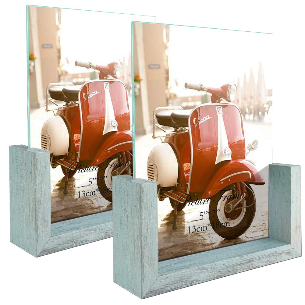  [AUSTRALIA] - HORLIMER 5x7 Picture Frames Set of 2, Rustic Photo Frame with Wooden Base and Tempered Glass for Tabletop