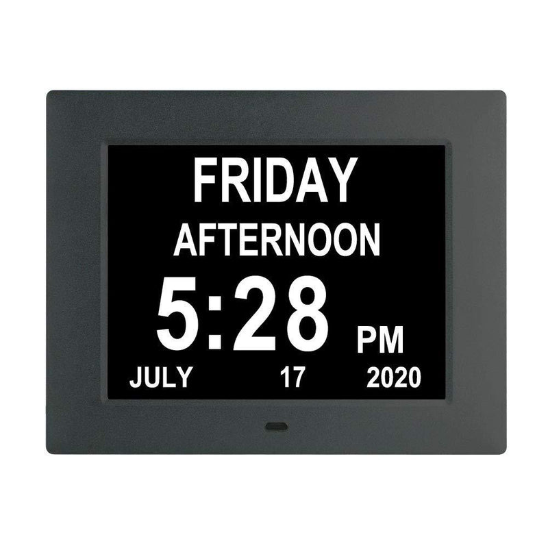 [AUSTRALIA] - Johnziny 7inch-Digital Calendar Day Clock- 8 Alarms Auto-Dim Battery Backup Extra Large Non-Abbreviated Dementia Clocks Alzheimer Memory Loss Vision Impaired Alarm Clock for Seniors Elderly(Black)