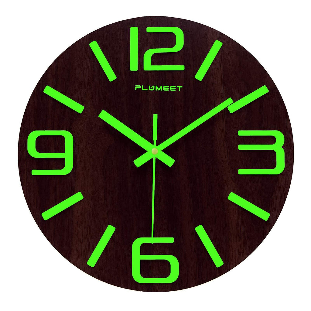  [AUSTRALIA] - Plumeet Luminous Wall Clocks - 12'' Non-Ticking Silent Wooden Clock with Night Light - Large Decorative Wall Clock for Kitchen Office Bedroom,Battery Operated (Big 3D Number)