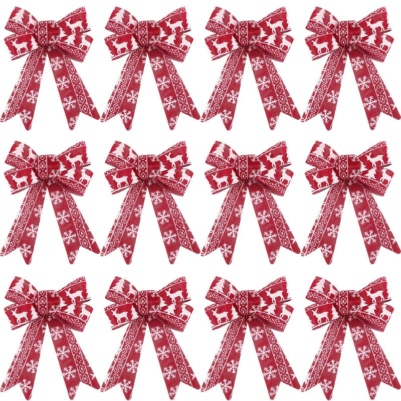 [AUSTRALIA] - WILLBOND 12 Pieces Red Christmas Bows Ornament PVC Xmas Tree Wreaths Bows Snowflake Bows Decorations Christmas Holiday Party Patterns for Indoor Outdoor Decorations