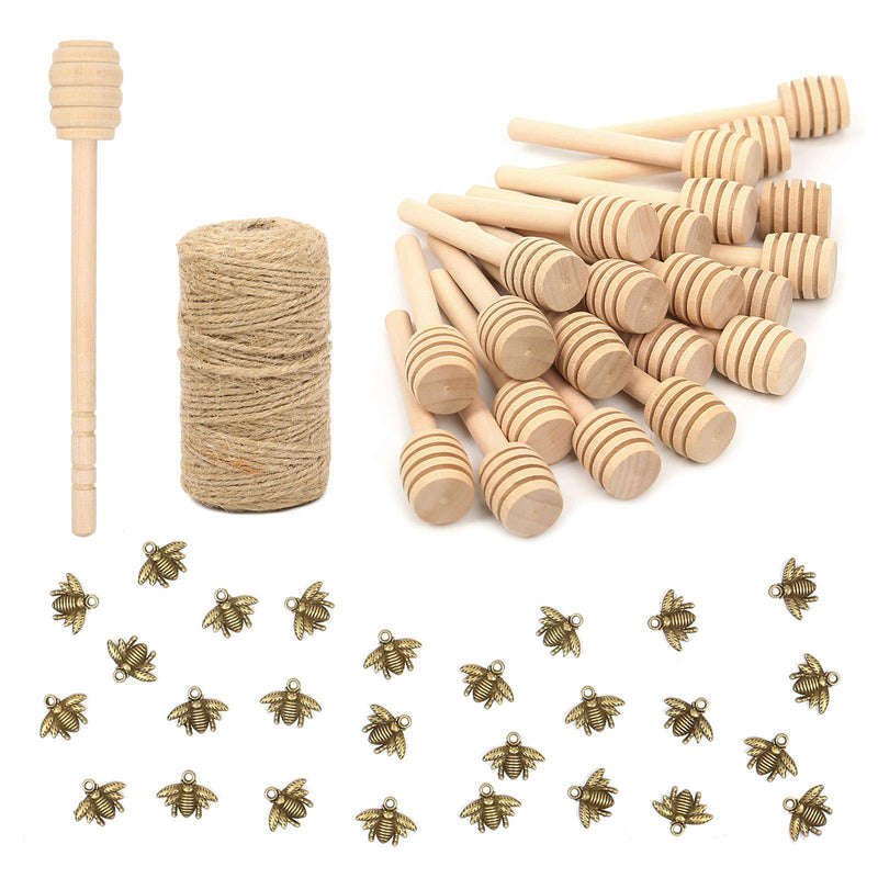  [AUSTRALIA] - 50 Pack 3 Inch Mini Wood Honey Dipper Sticks Set,Honey Stirrer Honey Wand for Honey Jar Dispense Drizzle Honey, 50 Pieces Honeybee Charm Pendants with Jute Rope for Honey Jar DIY Crafts