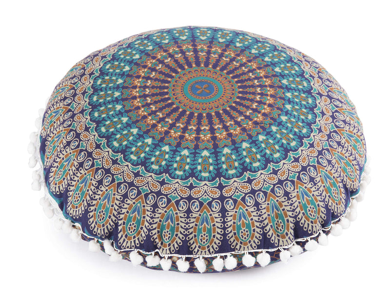  [AUSTRALIA] - Popular Handicrafts Large Hippie Mandala Floor Pillow Cover - Cushion Cover - Pouf Cover Round Bohemian Yoga Decor Floor Cushion Case- 18" 18" Pillow cover Blue Tarquoish