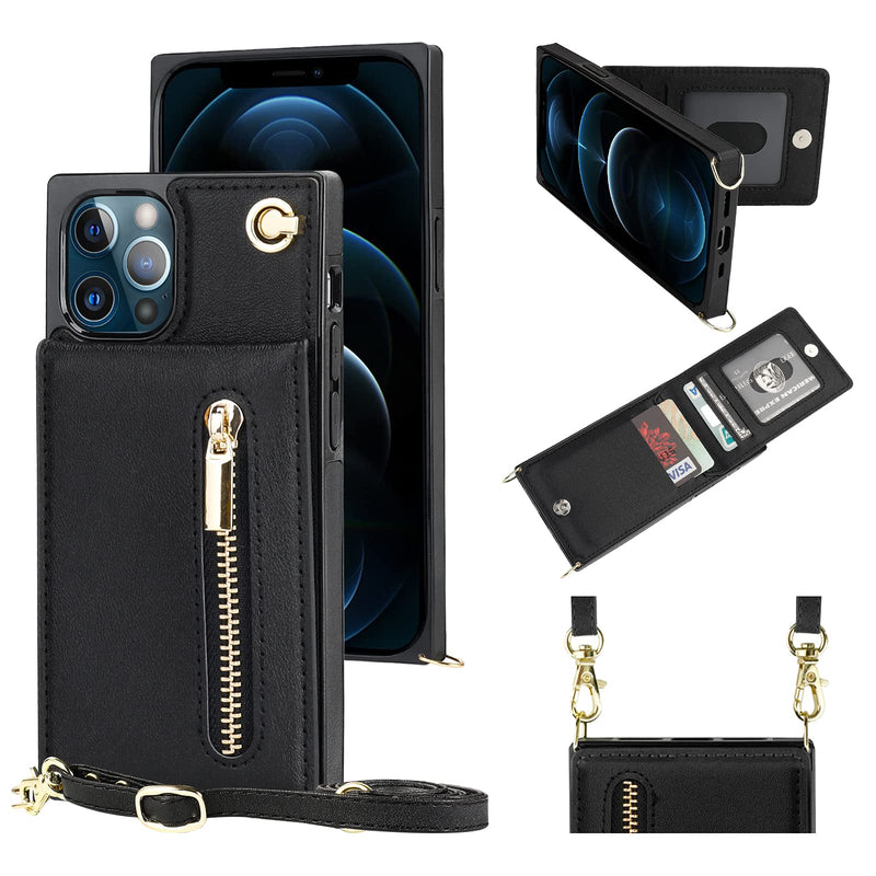  [AUSTRALIA] - KIHUWEY iPhone XR Crossbody Wallet Case with 4 Card Slots, Wrist Strap Protective Kickstand Shoulder Cross Body Zipper Pocket Cover Case 6.1 Inch (Black) Black For iPhone Xr 6.1 Inch Display