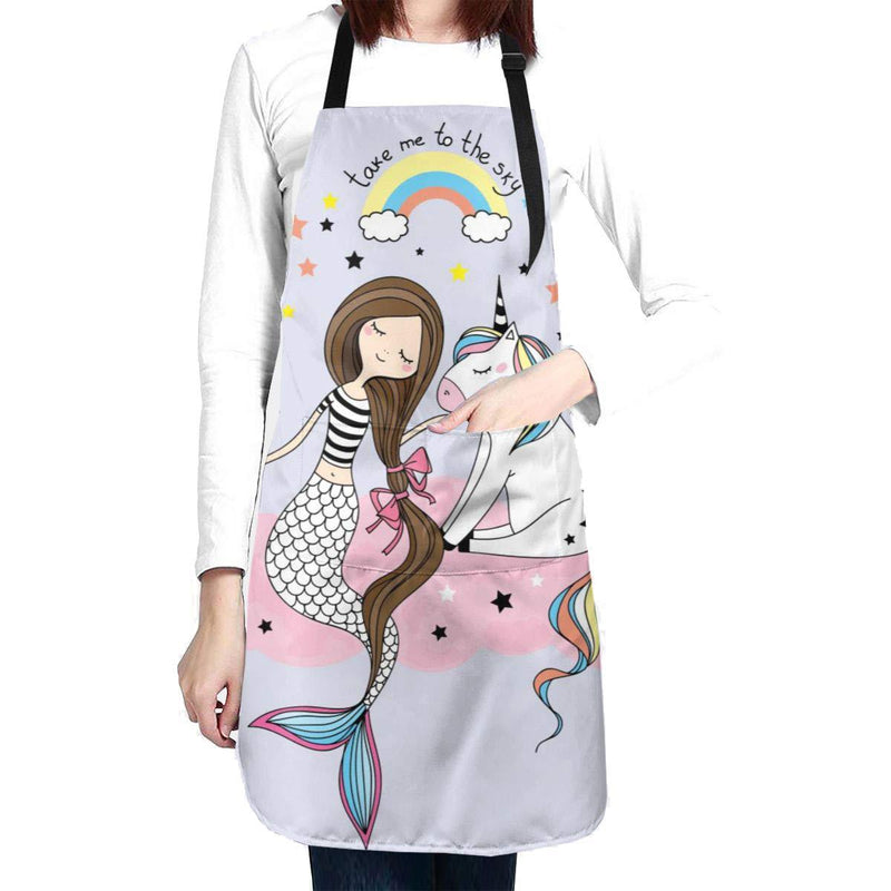  [AUSTRALIA] - wodealmug Women Unicorn Mermaid Apron Adjustable Neck Kitchen Bib Cook Apron with Pocket for Cooking Baking Gardening Beige