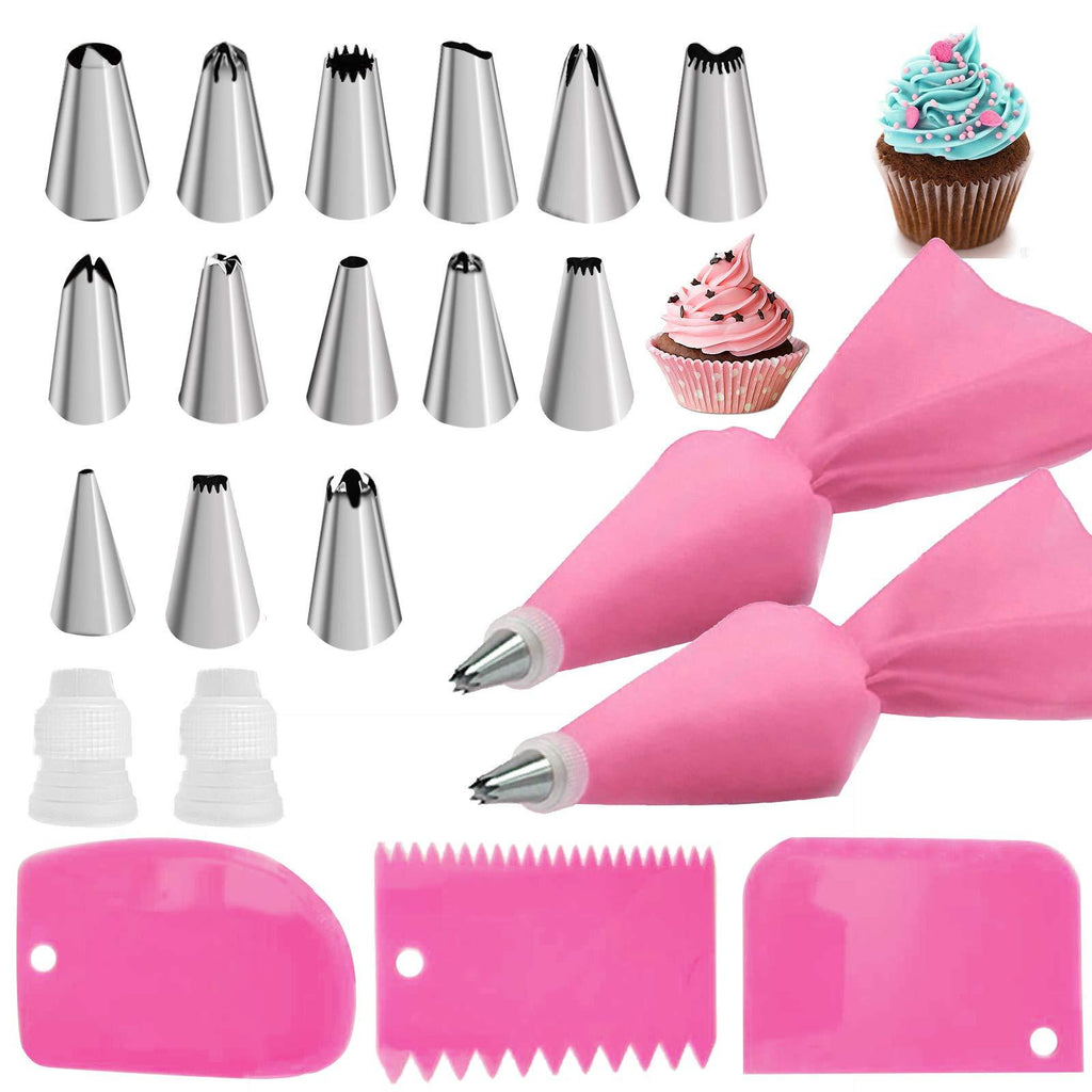  [AUSTRALIA] - Pink Piping Bags and Tips set,2 Reusable Silicone Pastry Bag with 14 Stainless Steel Nozzle Icing Tips Set, 3 Icing Smoother & 2 Couplers for Baking Decorating Cake Tool (21Pcs)