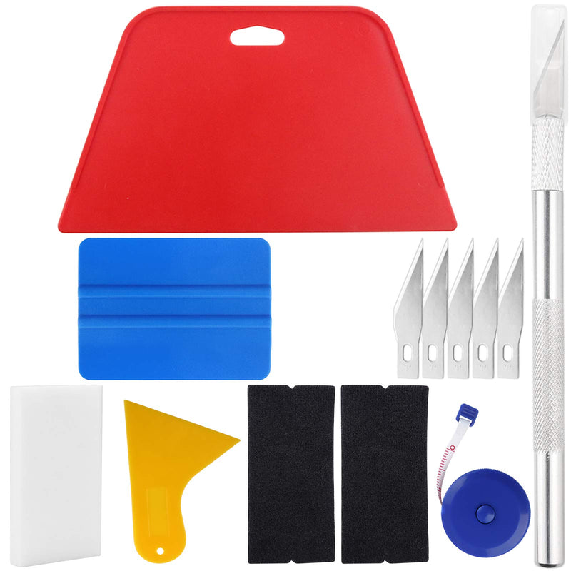  [AUSTRALIA] - Wallpaper Smoothing Tool Kit Include Red Squeegee, Blue Squeegee with 2 black Self-adhesive felts, Yellow Scraper, Tape Measure, White Sponge, and Craft Knife with 5 Replacement Blades Contracted Style