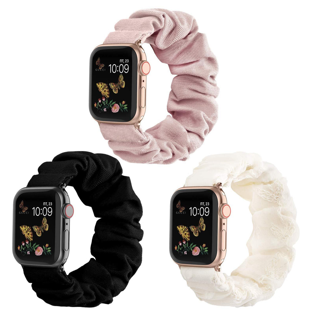  [AUSTRALIA] - Recoppa Compatible for Scrunchie Apple Watch Band 38mm 41mm 42mm 40mm 44mm 45mm Cute Print Elastic Watch Bands Women Bracelet Strap Compatible for Apple iWatch Series 7 6 5 4 3 2 1 SE Black/Floral Lace/Pink 38mm/40mm/41mm-Small
