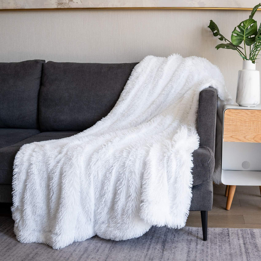  [AUSTRALIA] - TOONOW Faux Fur Throw Blanket,50''x60'',Ultra Soft and Fluffy,Cozy Fuzzy Long Hair Shaggy Blanket,Plush Fleece Comfy Microfiber Lightweight Decorative Blanket for Couch Bed Sofa,Pure White Throw-50" x 60" Pure White